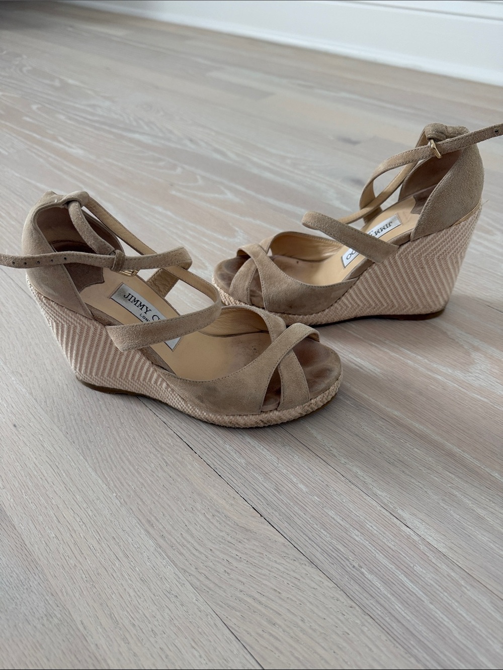 Jimmy Choo Taupe Suede Espadrille Wedge Sandals